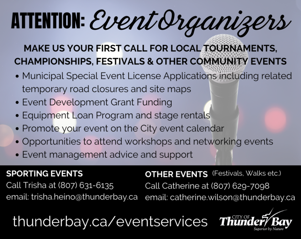 Attention Event Organizers Ad with microphone in the background and text regarding available support.