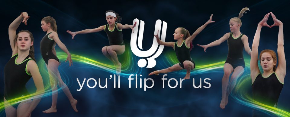 Ultimate Gymnastics logo with two gymnasts in action