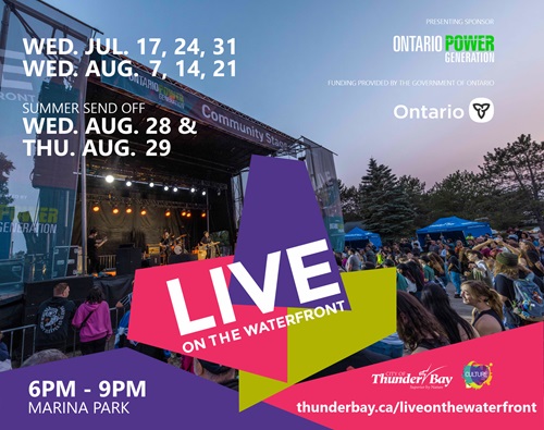 Image of Live on the Waterfront crowd with logo and event dates