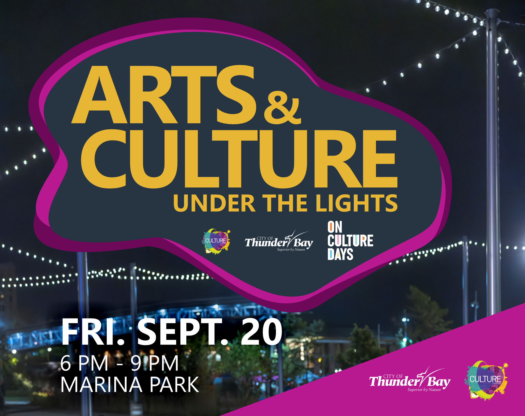 Graphic of Arts and Culture Under the Lights with a building and patio lights at night