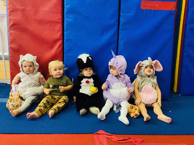 Five babies and toddlers are dressed up in halloween costumes at gymnastics