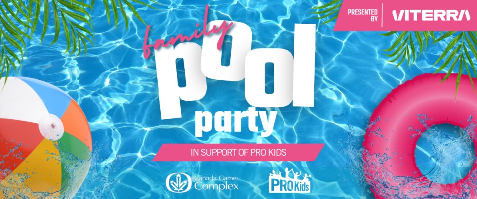 Image of pool water with family pool party text and PRO Kids logo over top